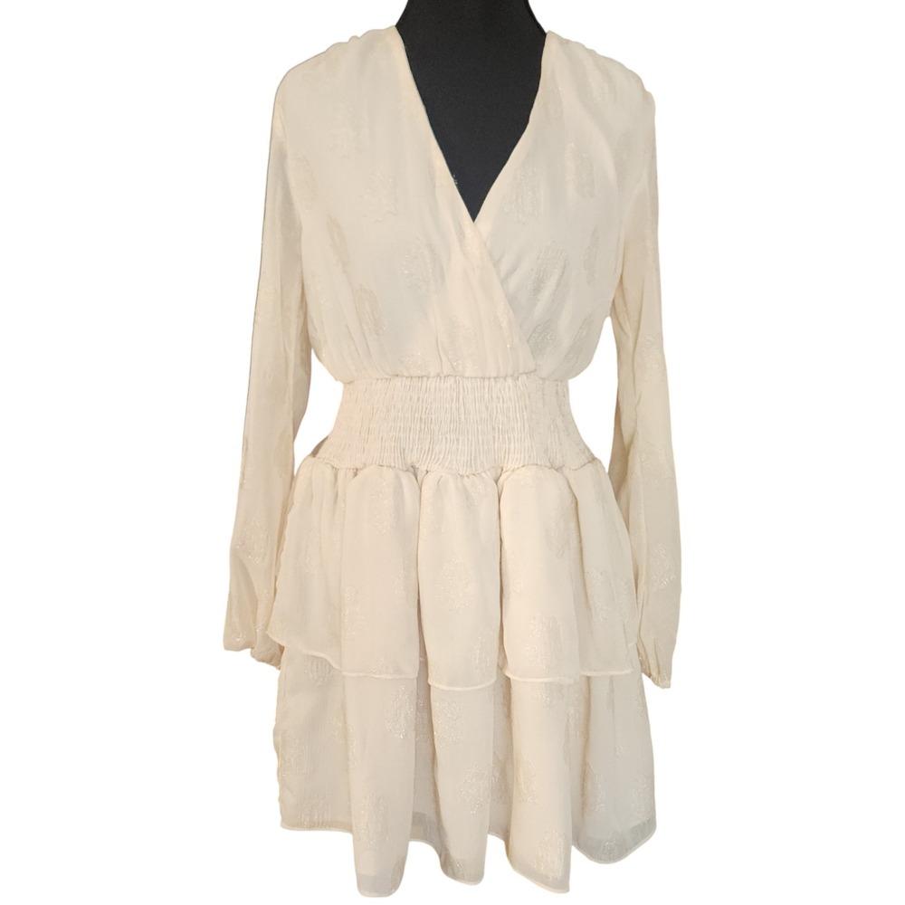 DO+BE Women Cream Metallic Fil-Coupé Tiered Mini Dress Small $98‎ - Picture 2 of 10